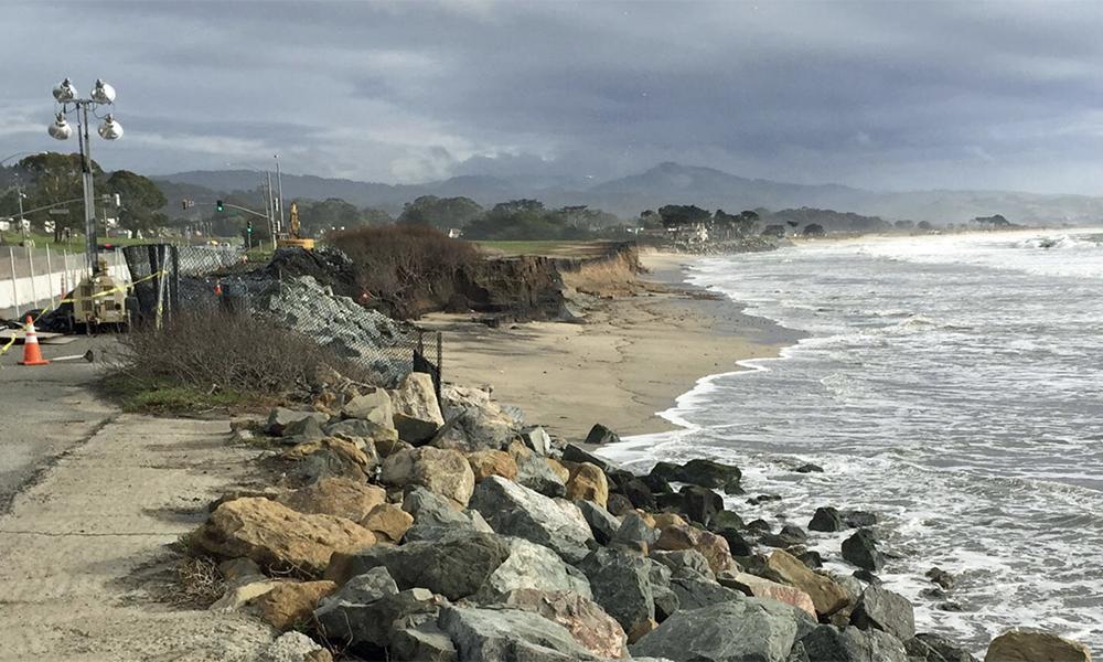 The bluffs along Half Moon Bay State Beach are eroding rapidly in certain areas. Sea level rise and rip-rap are speeding up this process.