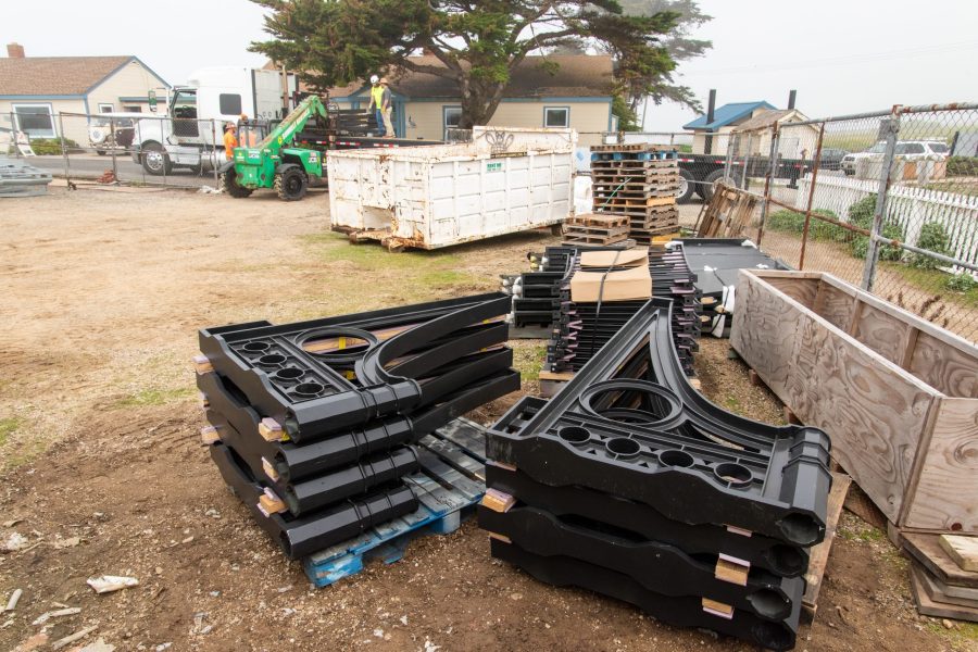 The remaining replacement metal pieces are staged for anticipation installation at the top of the tower.